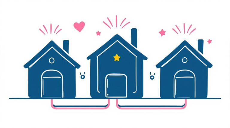 Illustration of three connected blue houses with pink accents; the middle house, featuring a yellow star, highlights the best boilers for modern living.