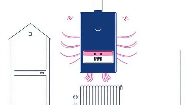 Illustration of a Vaillant Ecotec Pro combi boiler with a digital display above a radiator, emitting pink steam lines. Pound symbols float around, highlighting energy costs. A simple house outline is visible on the left, capturing an insightful review of modern heating solutions.
