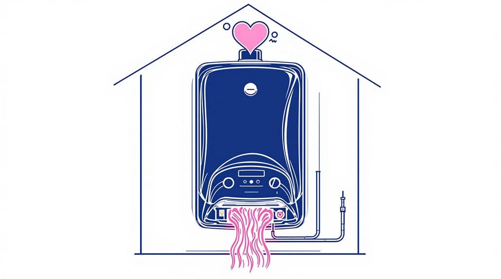 Illustration of a Viessmann water heater inside a house outline with a heart steam icon above. Pink lines flow from the Vitodens 100-W system boiler, resembling noodles.