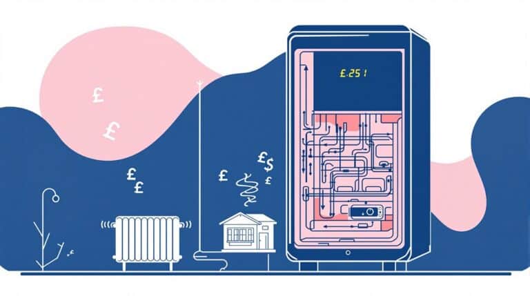 Illustration of a large financial device with pipes, displaying "£-251". Nearby are money symbols, a heater, and a house, suggesting complexities in household heating costs. A Vokera Evolve Combi Boiler stands by for review, symbolizing efficient solutions.