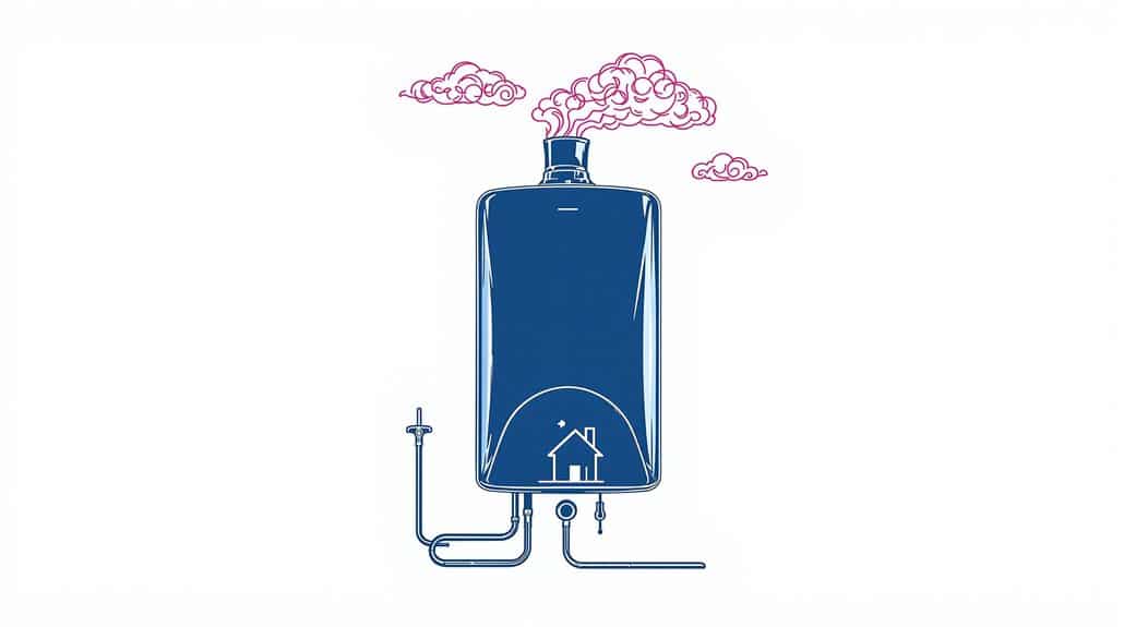 Illustration of a combi boiler with smoke clouds billowing out, a house icon, and pipes extending from the bottom, capturing the Vokera Vibe MAX in action.